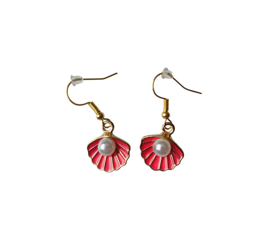 Oorbel felroze schelp met imitatieparel, RVS gold plated