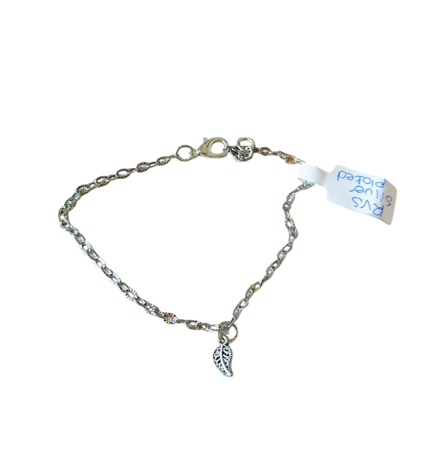 Armband schakel met textuur en bedel blaadje, RVS silver plated