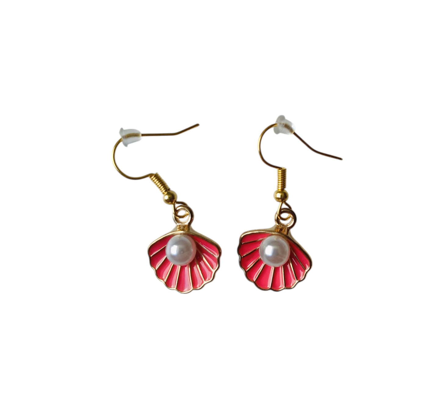 Oorbel felroze schelp met imitatieparel, RVS gold plated